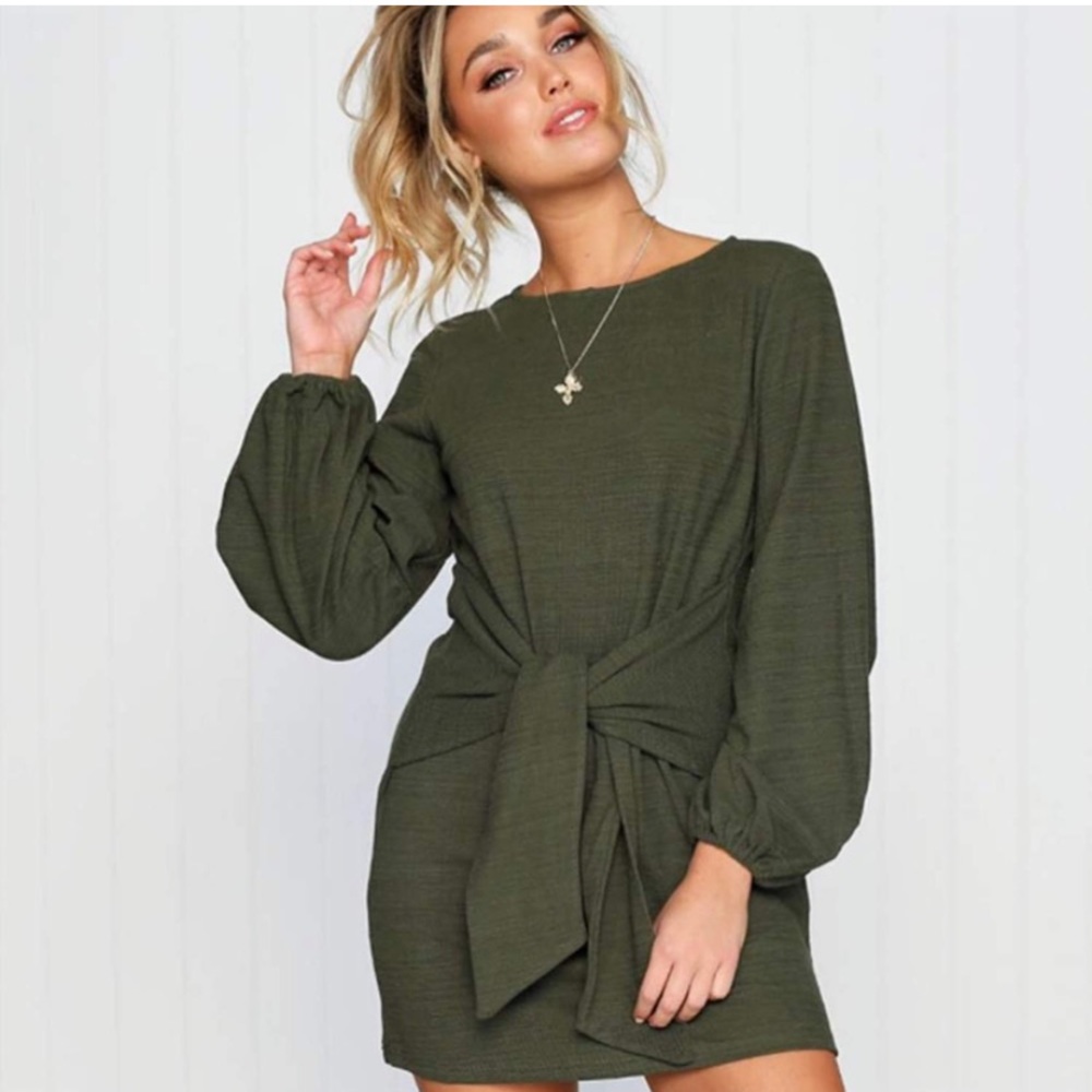 Long Lantern Sleeve Crewneck Tie Waist Knit Dress